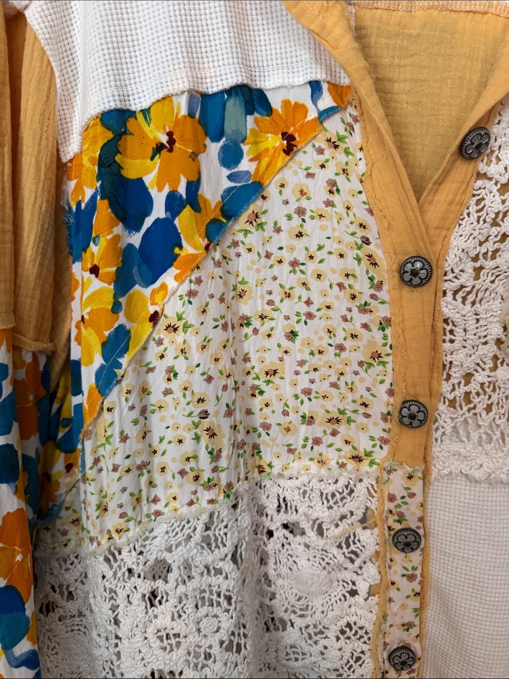 POL Patchwork Crochet Button-Down Shirt - Mustard, White & Blue Floral - Picture 3 of 6